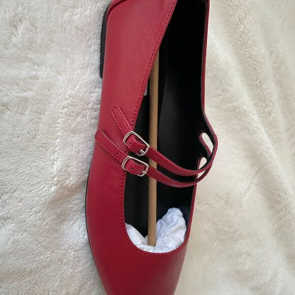 Red Leather Two-Strap Ballet Flats Steve Madden Mary Jane Size 8.5 - Picture 6 of 8